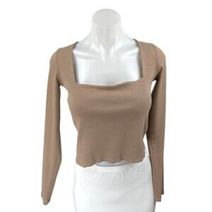 Zara Women's Brown Rib Knit Long Sleeve Square Neck Crop Shirt Sweater Top Sz L
